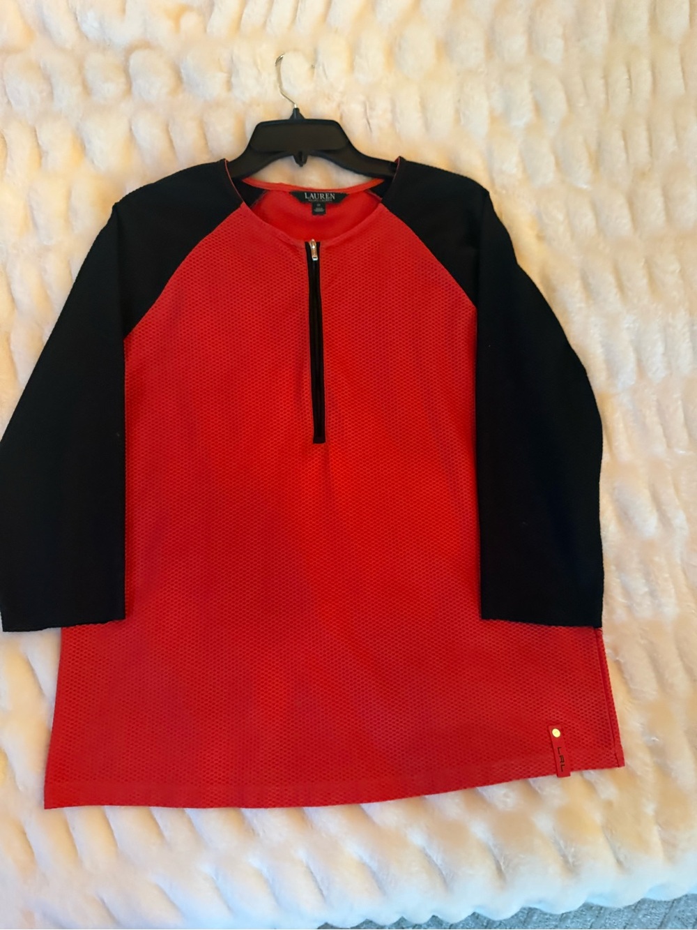 Ralph Lauren Red Textured Zip-Front Top with Black Trim